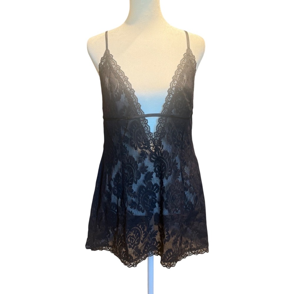 Victorias Secret Black Floral Lace Babydoll Slip Dress V-Neck Mini‎ Large